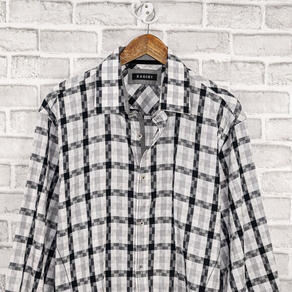ZAGIRI Men's Button up Shirt in White Gray Grid check flip cuffs sz 2XL - Picture 3 of 6